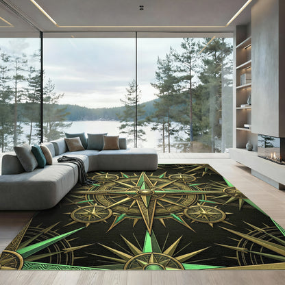 Golden Green Compass Rose Medallion Rug