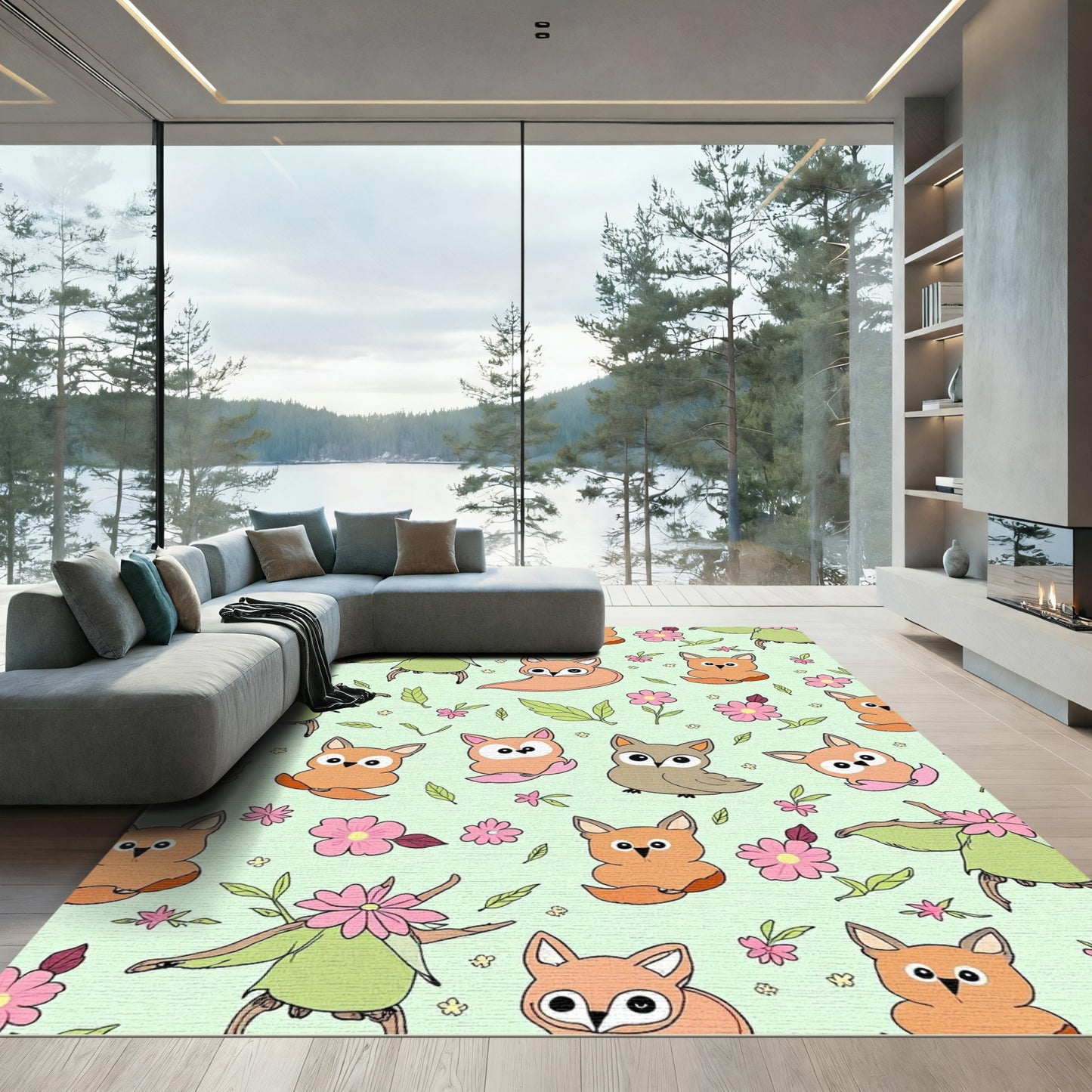 Whimsical Forest Creatures Pink Flowers Jade Background Rug