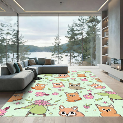 Whimsical Forest Creatures Pink Flowers Jade Background Rug