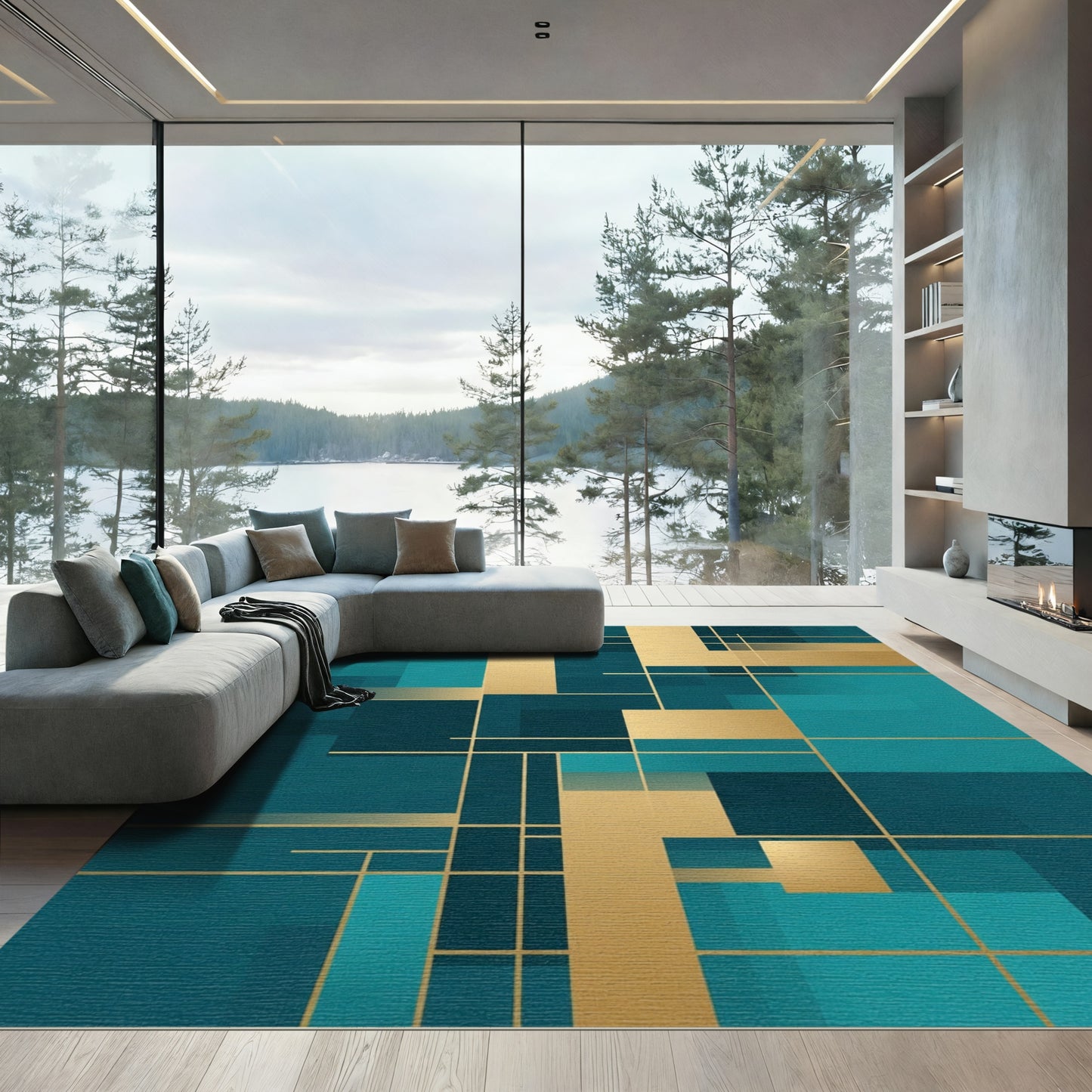 Teal Gold Geometric Layered Rectangles Rug