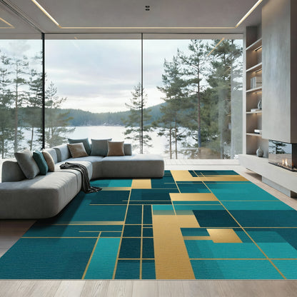 Teal Gold Geometric Layered Rectangles Rug
