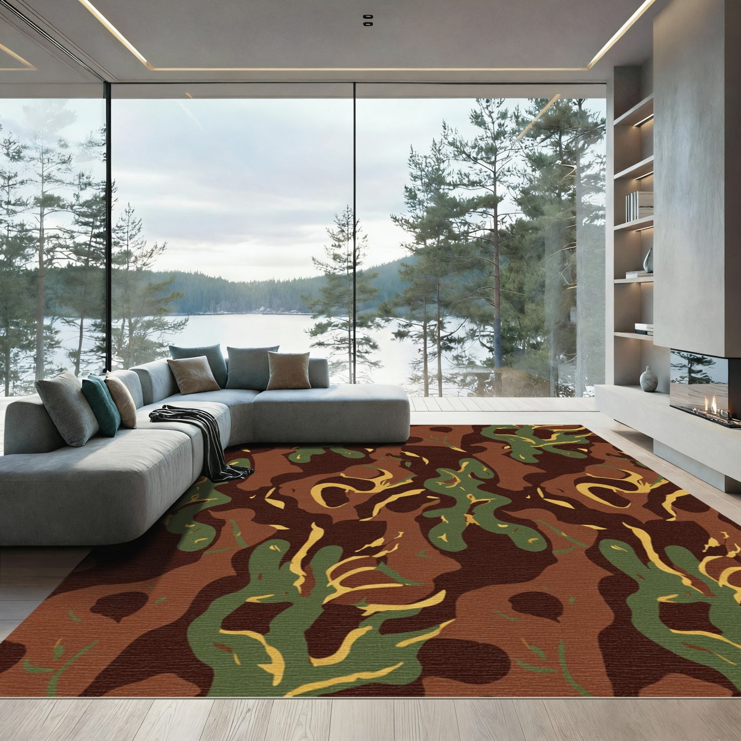 Earthy Camouflage Abstract Woodland Shapes Rug