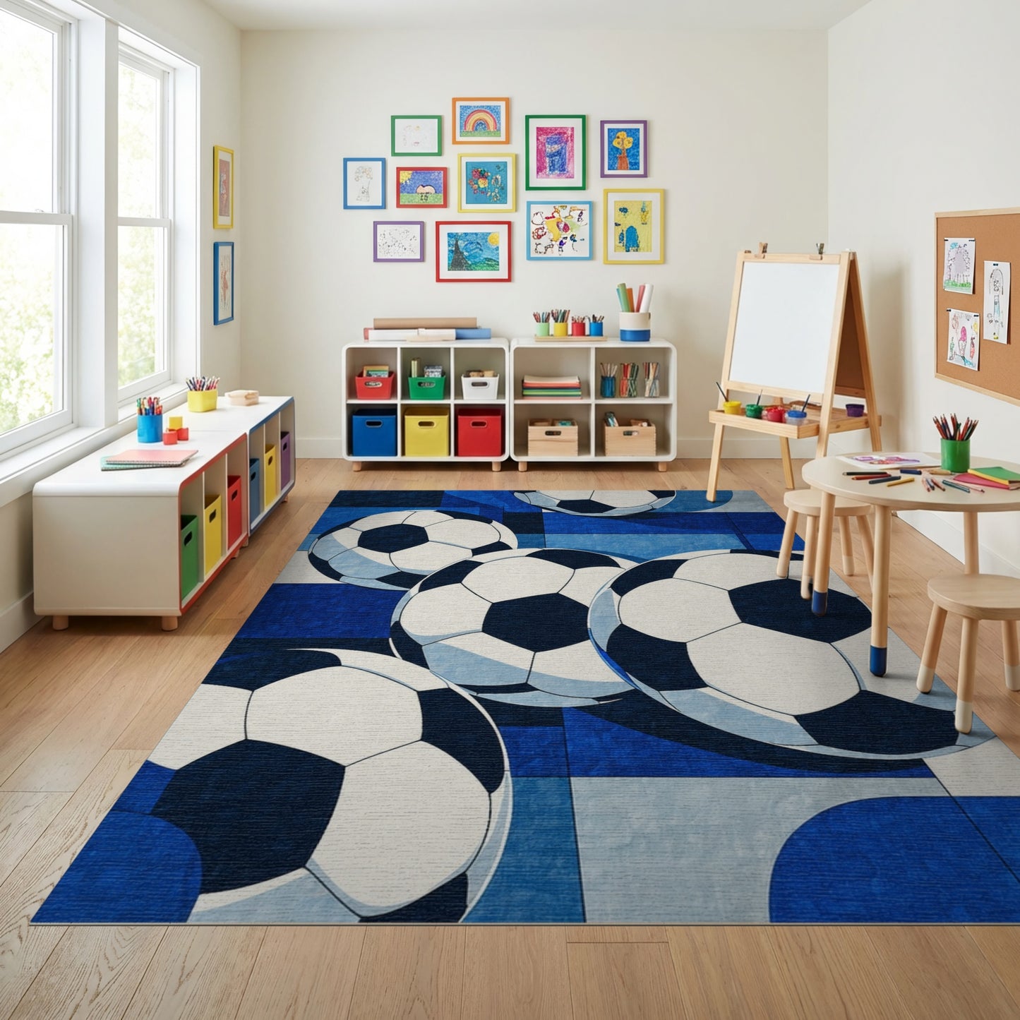 Bold Navy Soccer Balls Rug