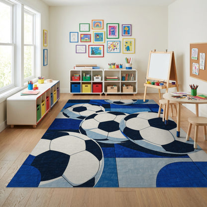 Bold Navy Soccer Balls Rug