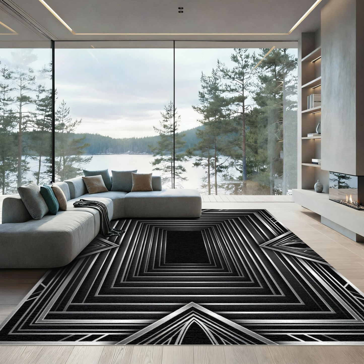 Art Deco Black Silver Geometric Rectangles Rug