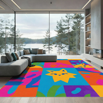 Vibrant Whimsical Yellow Cat Shapes Rug