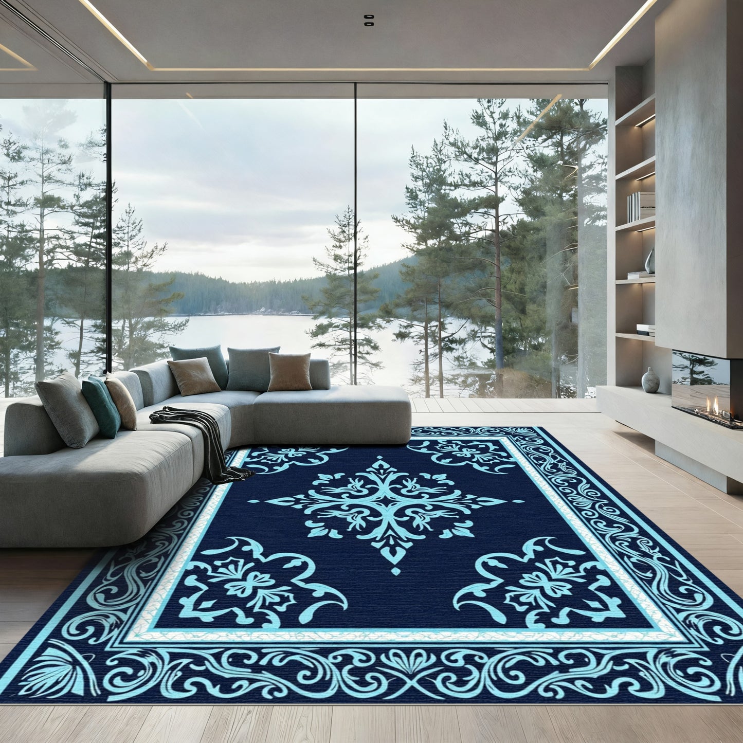 Navy Blue Light Blue Floral Medallion Rug