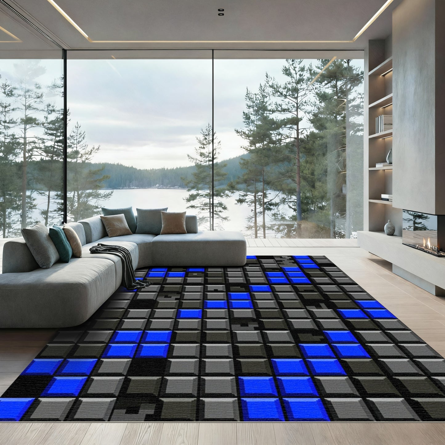 Modern Blue Grey Geometric Block Grid Rug