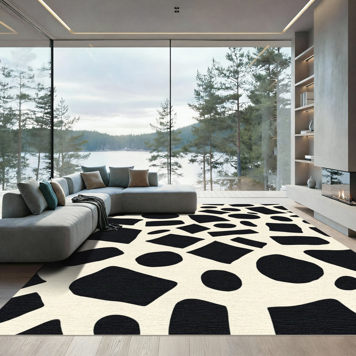 Abstract Organic Black Ivory Patchwork Rug