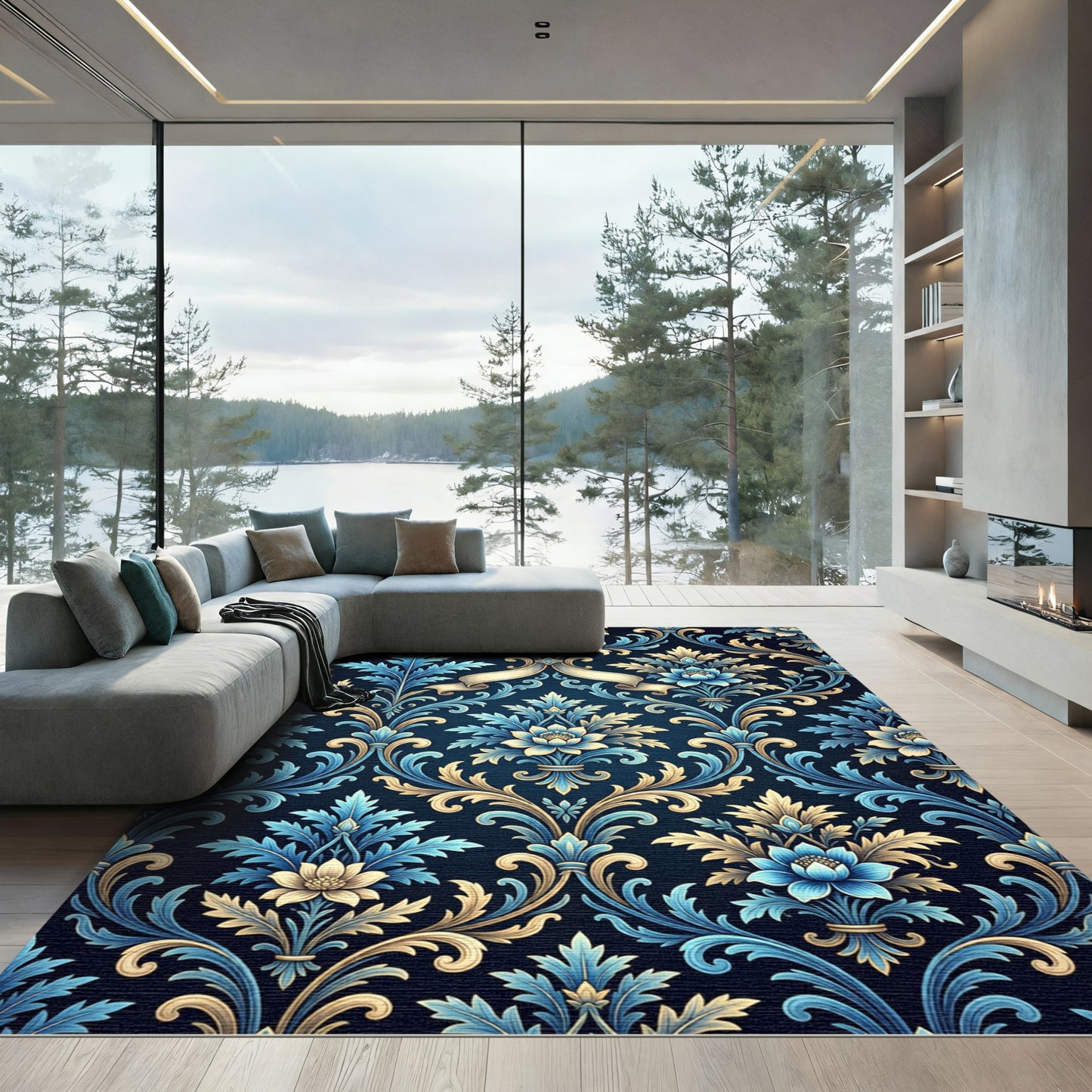 Ornate Blue and Gold Floral Damask Rug