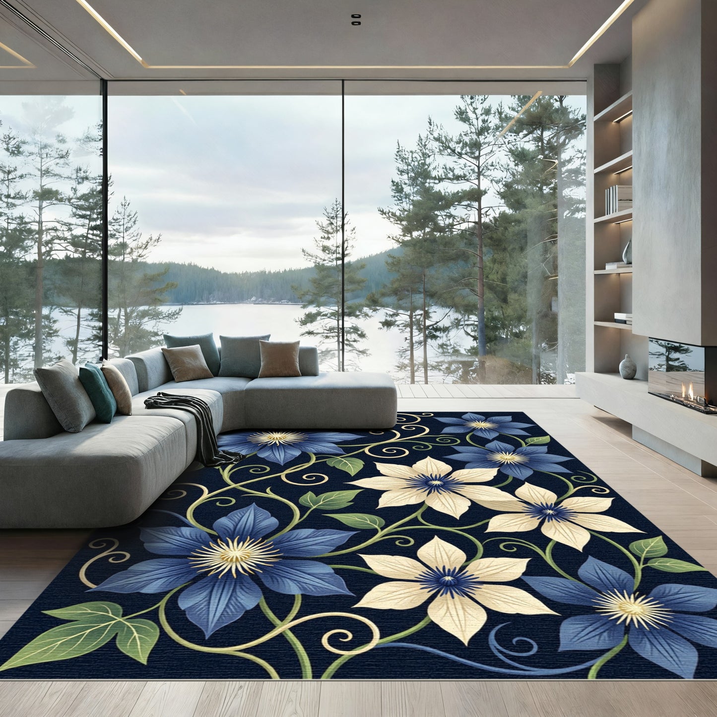 Elegant Navy Blue Clematis Floral Vine Rug