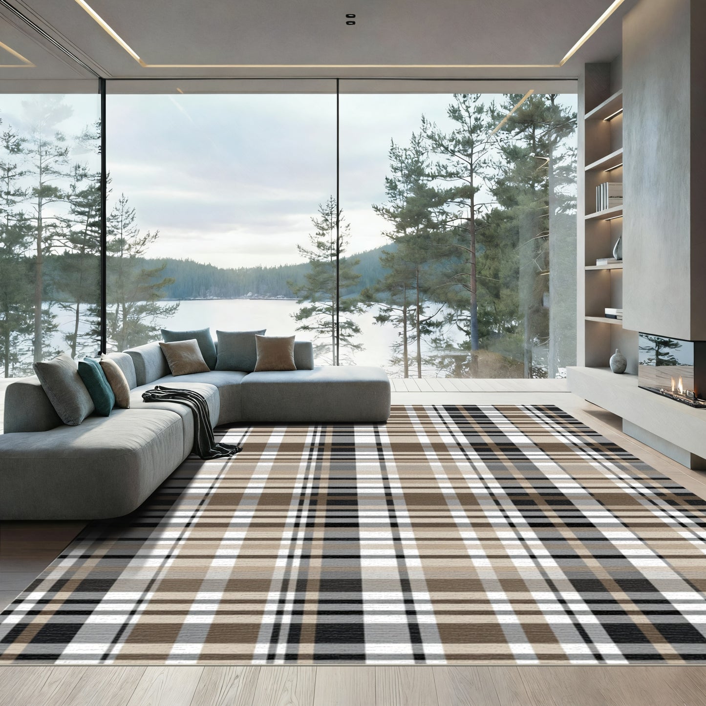 Classic Tan Brown Plaid Rug