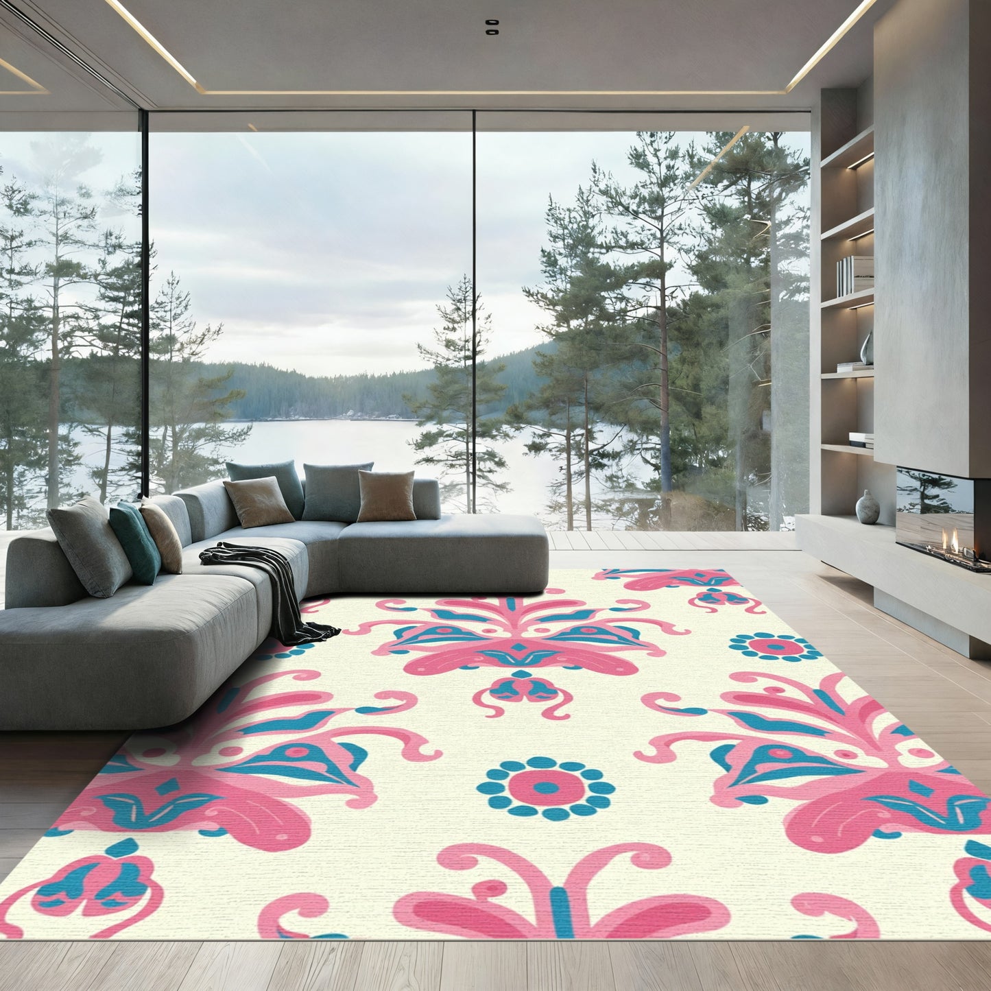 Whimsical Pink Teal Floral Medallion Rug