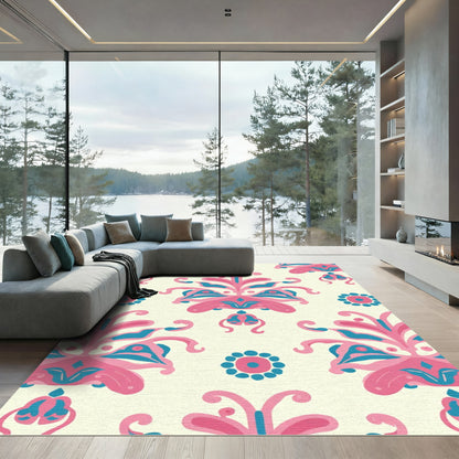 Whimsical Pink Teal Floral Medallion Rug