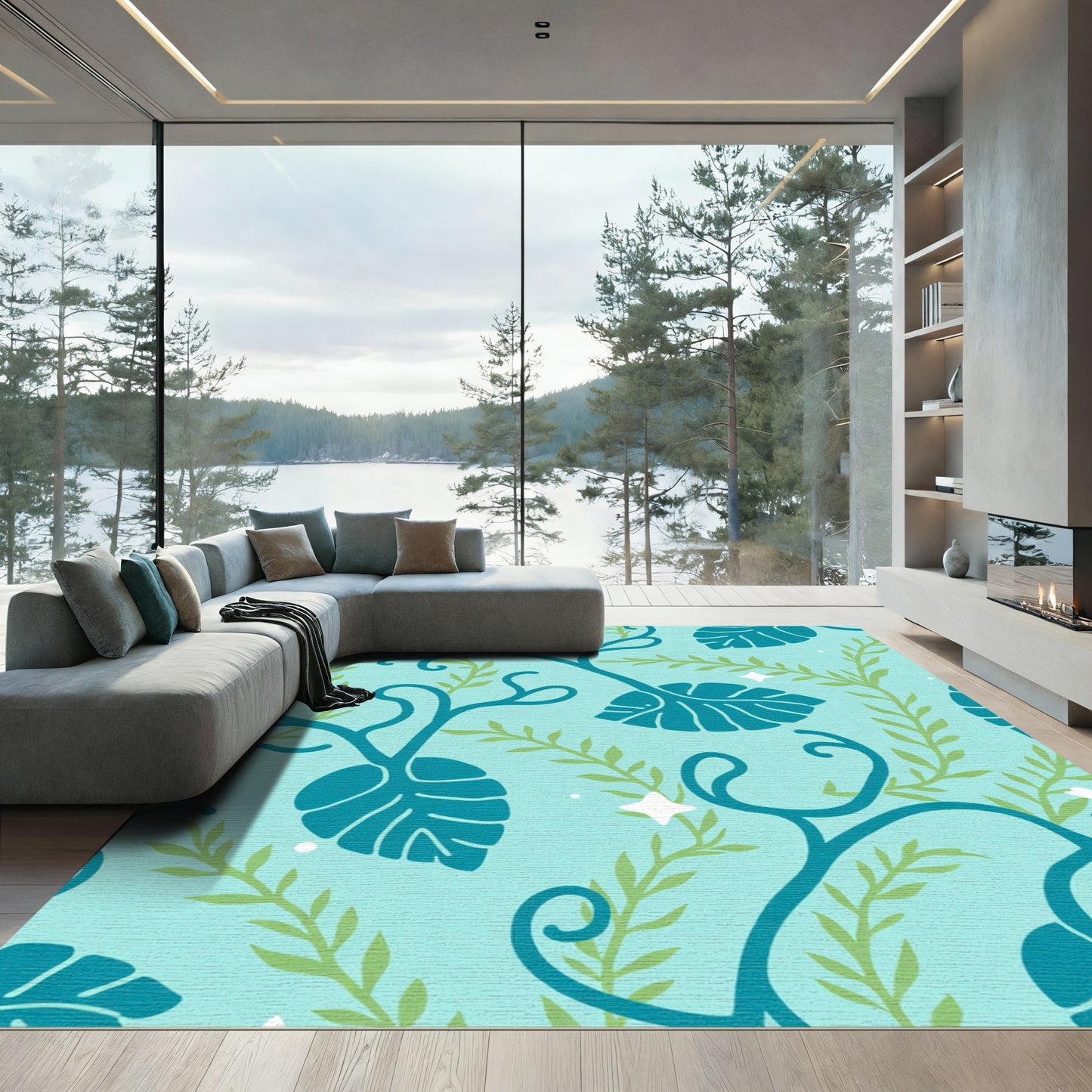 Teal Swirling Vine Foliage Meadow Rug