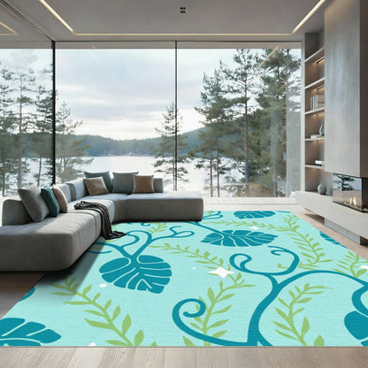 Teal Swirling Vine Foliage Meadow Rug