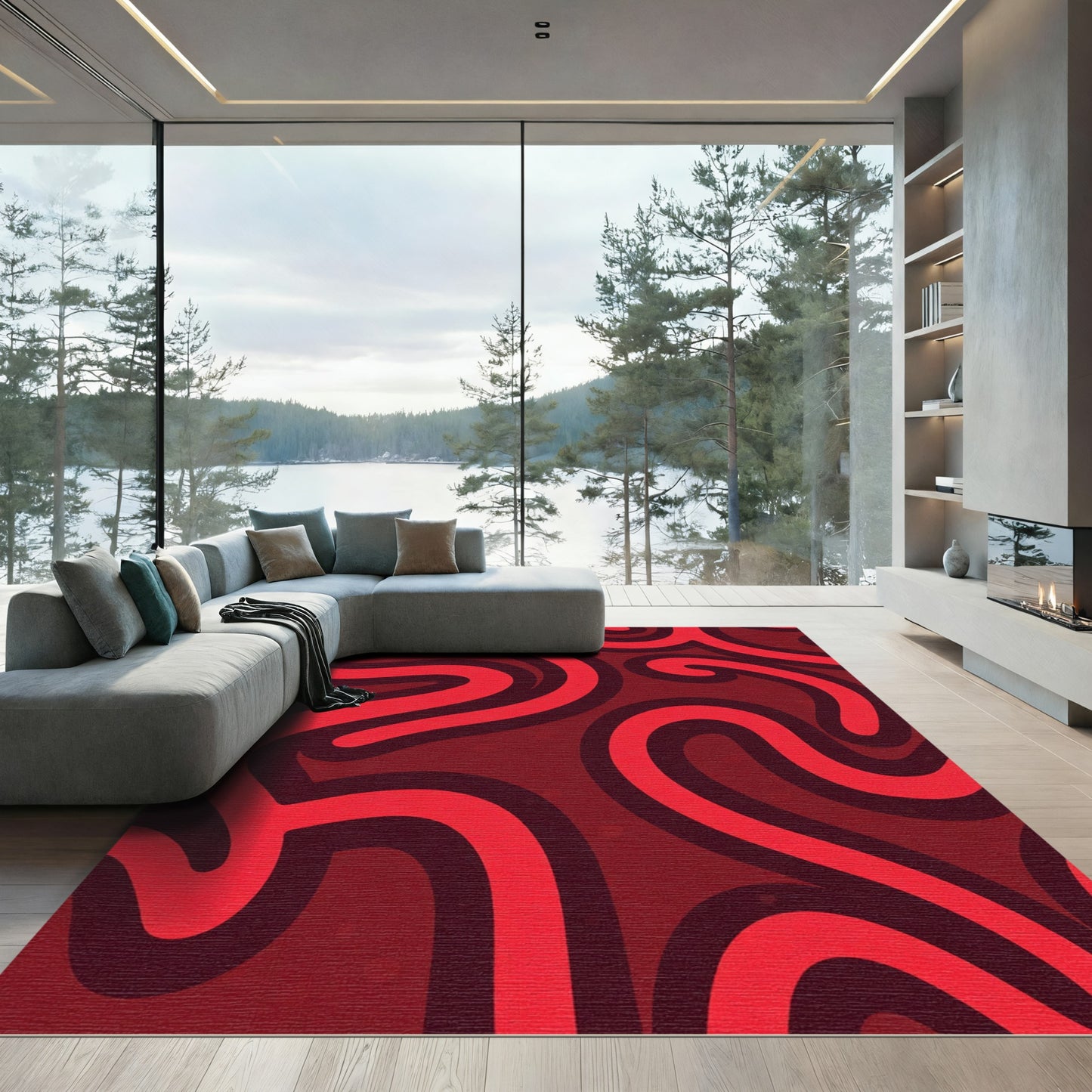 Crimson Red Abstract Swirls Rug