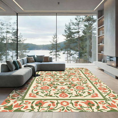 Coral Green Floral Medallion Accent Rug