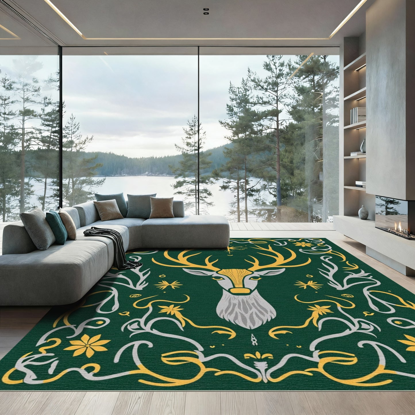 Elegant Green Golden Deer Floral Art Rug