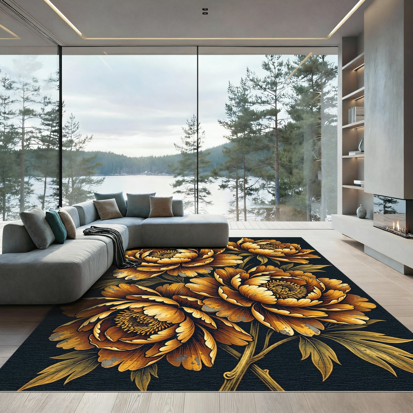 Golden Peony Floral Black Art Rug