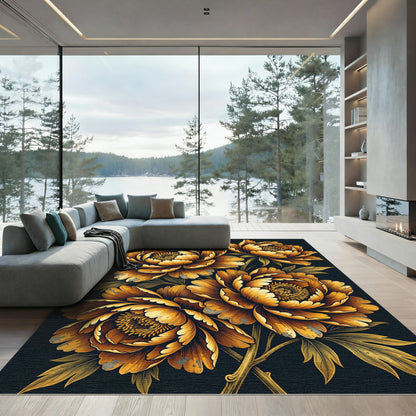 Golden Peony Floral Black Art Rug