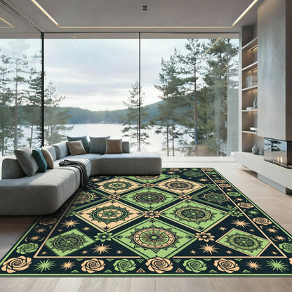 Sage Green Floral Geometric Star Medallion Rug