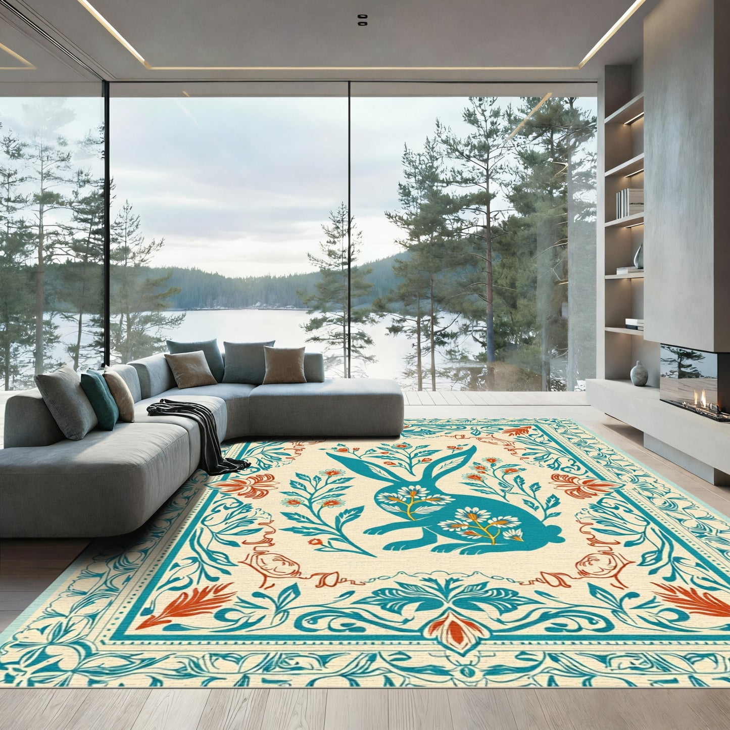 Teal Bunny Floral Border Embroidery Rug
