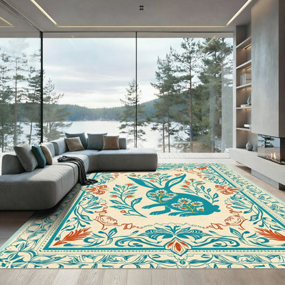 Teal Bunny Floral Border Embroidery Rug