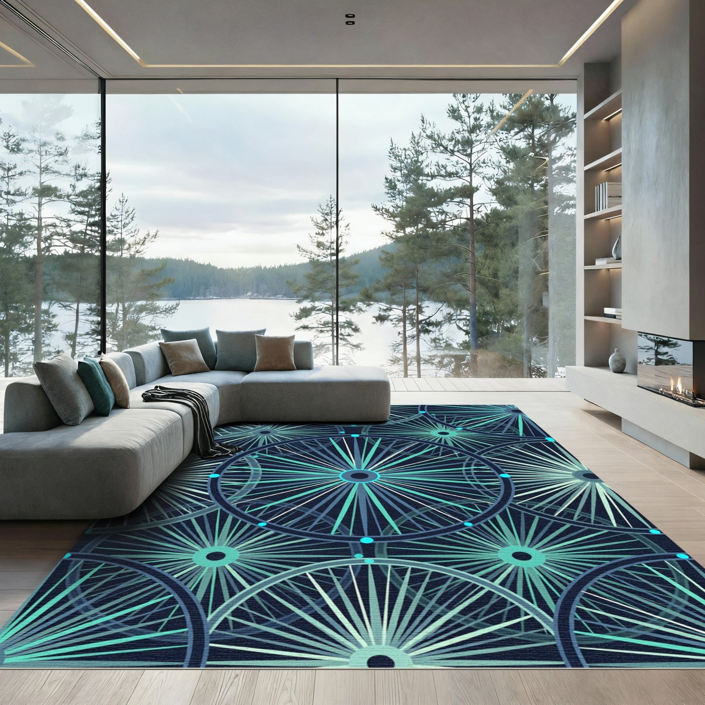 Deep Teal Wheel Spokes Layers Rug