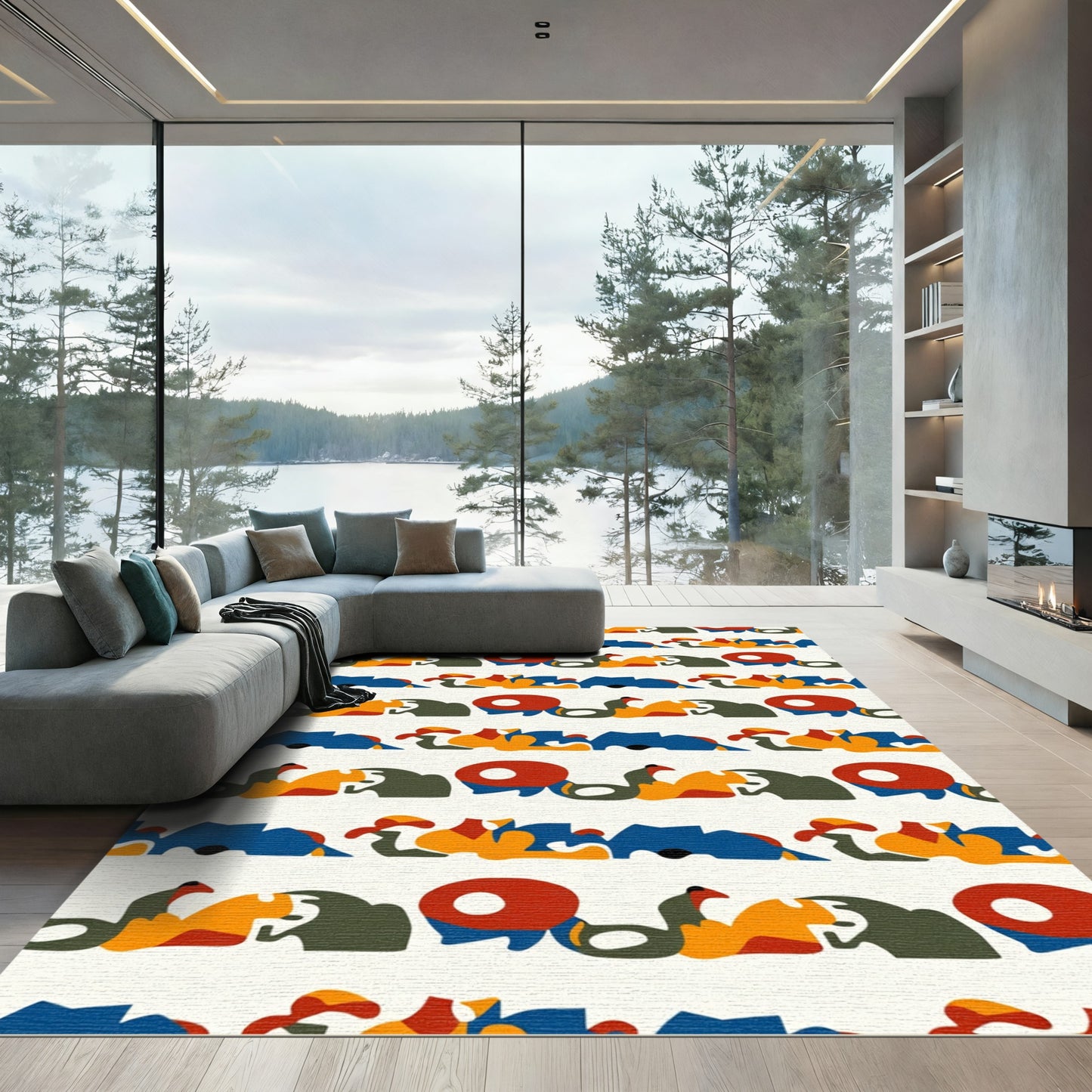 Bold Abstract Figures Red Blue Ochre Rug