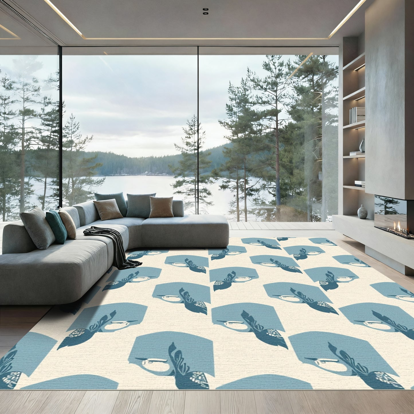 Dusty Blue Geometric Feather Medallion Rug