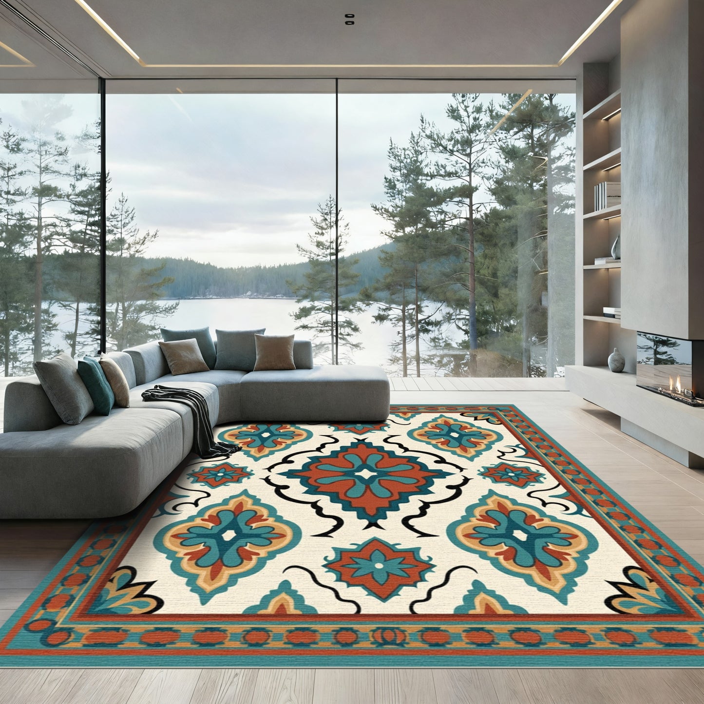 Ceramic Teal Orange Floral Medallion Rug