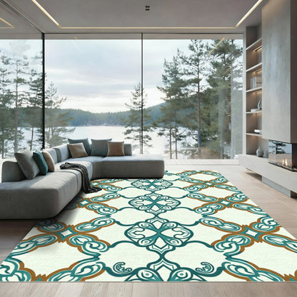 Teal Ochre Lattice Scrollwork Rug