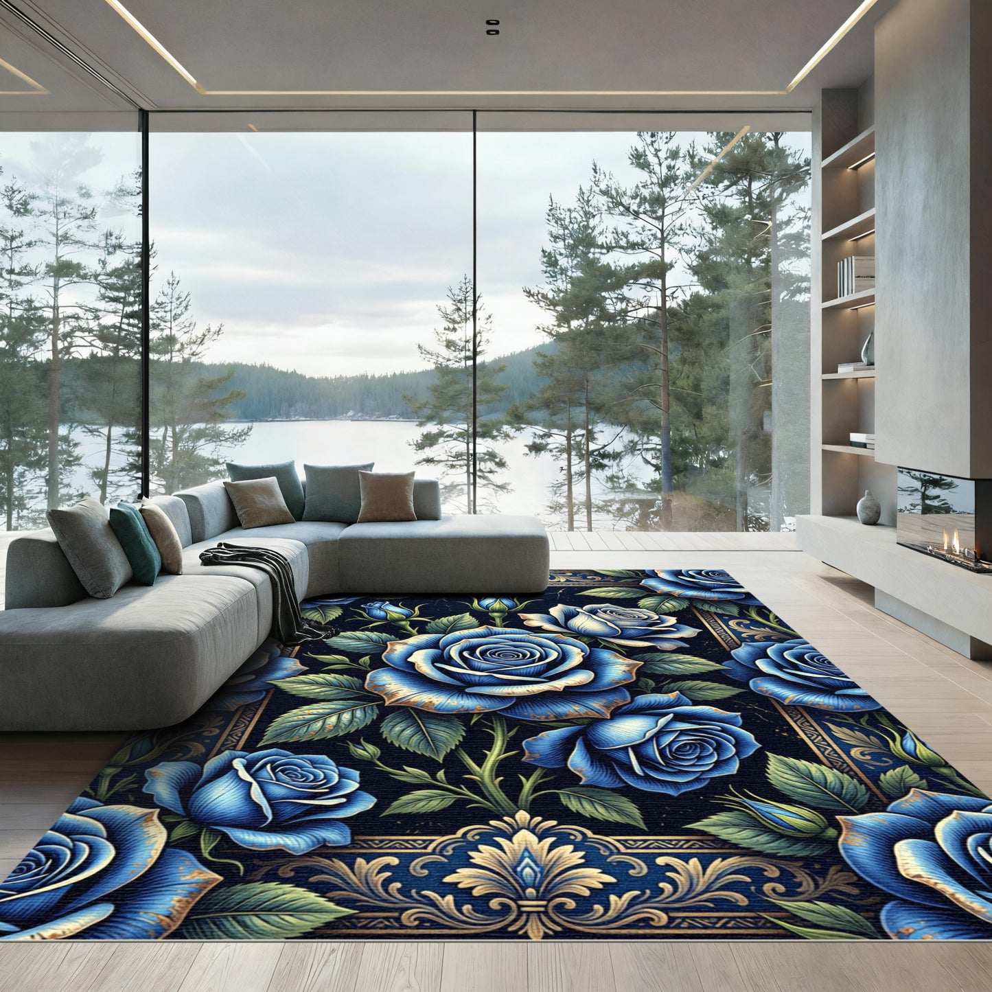 Royal Blue Rose Flourish Border Rug