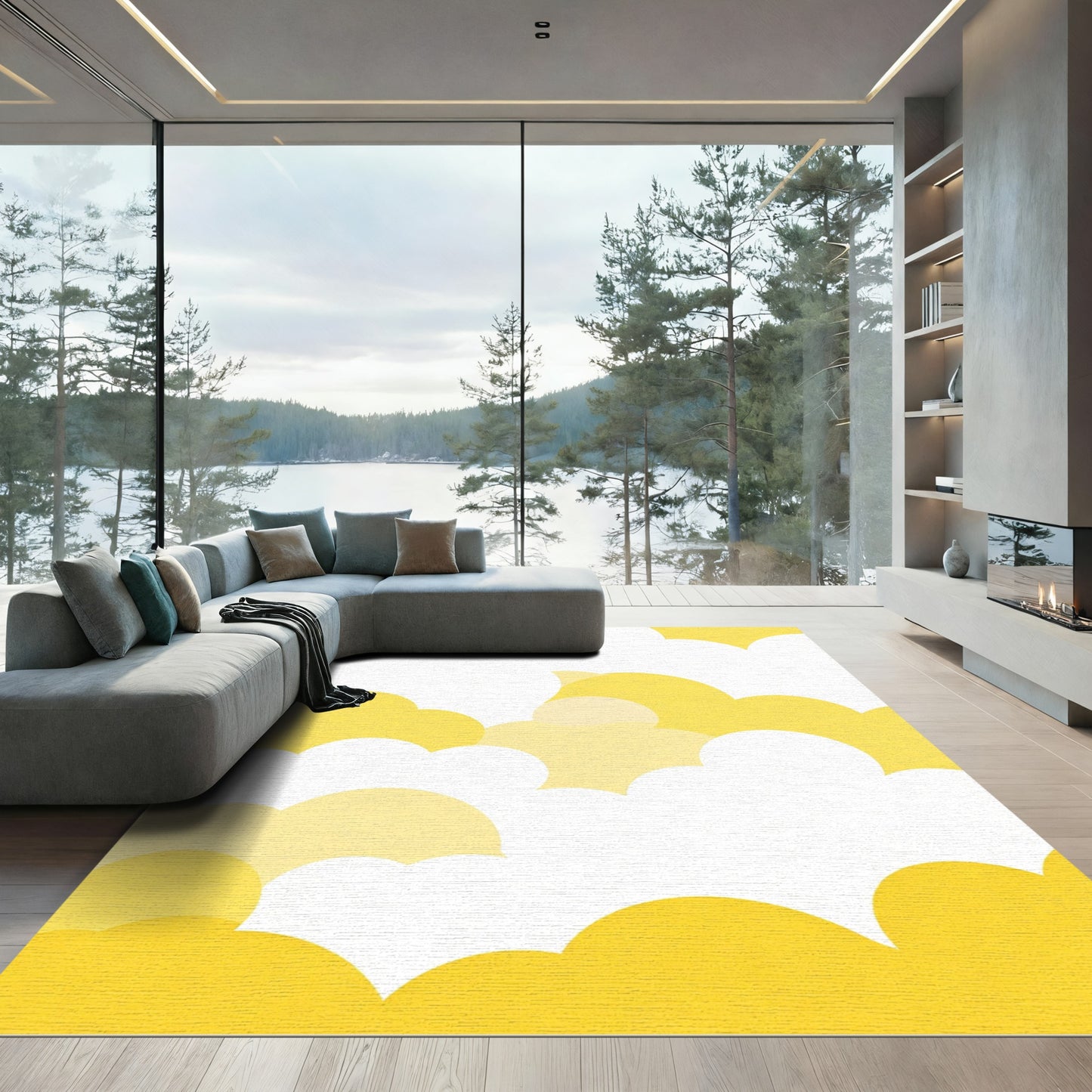 Whimsical Yellow Cloudscape Composition Rug