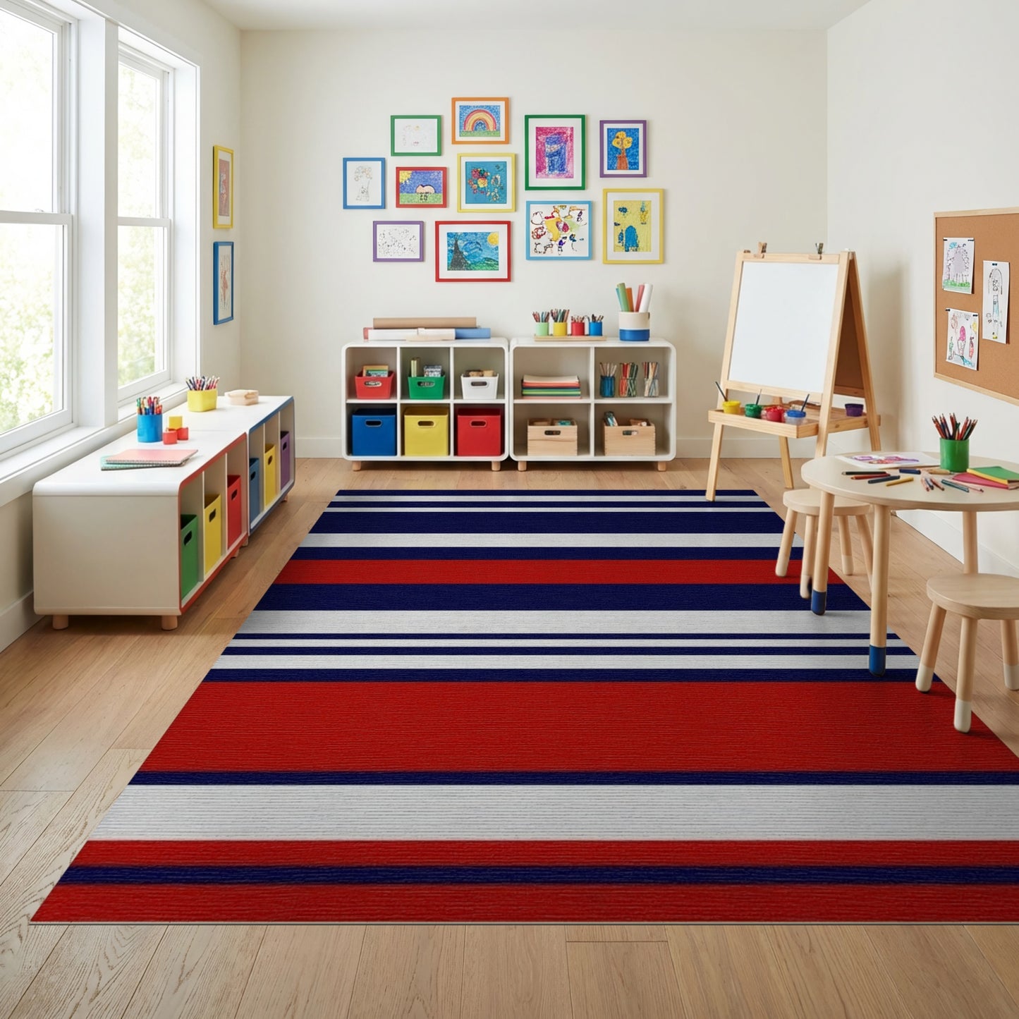 Navy Red White Bold Striped Rug