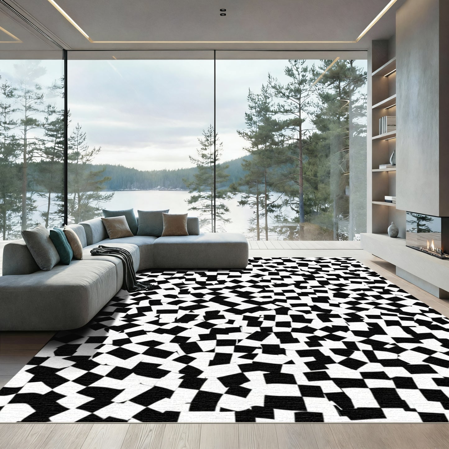 Distorted Black White Checkerboard Layout Rug
