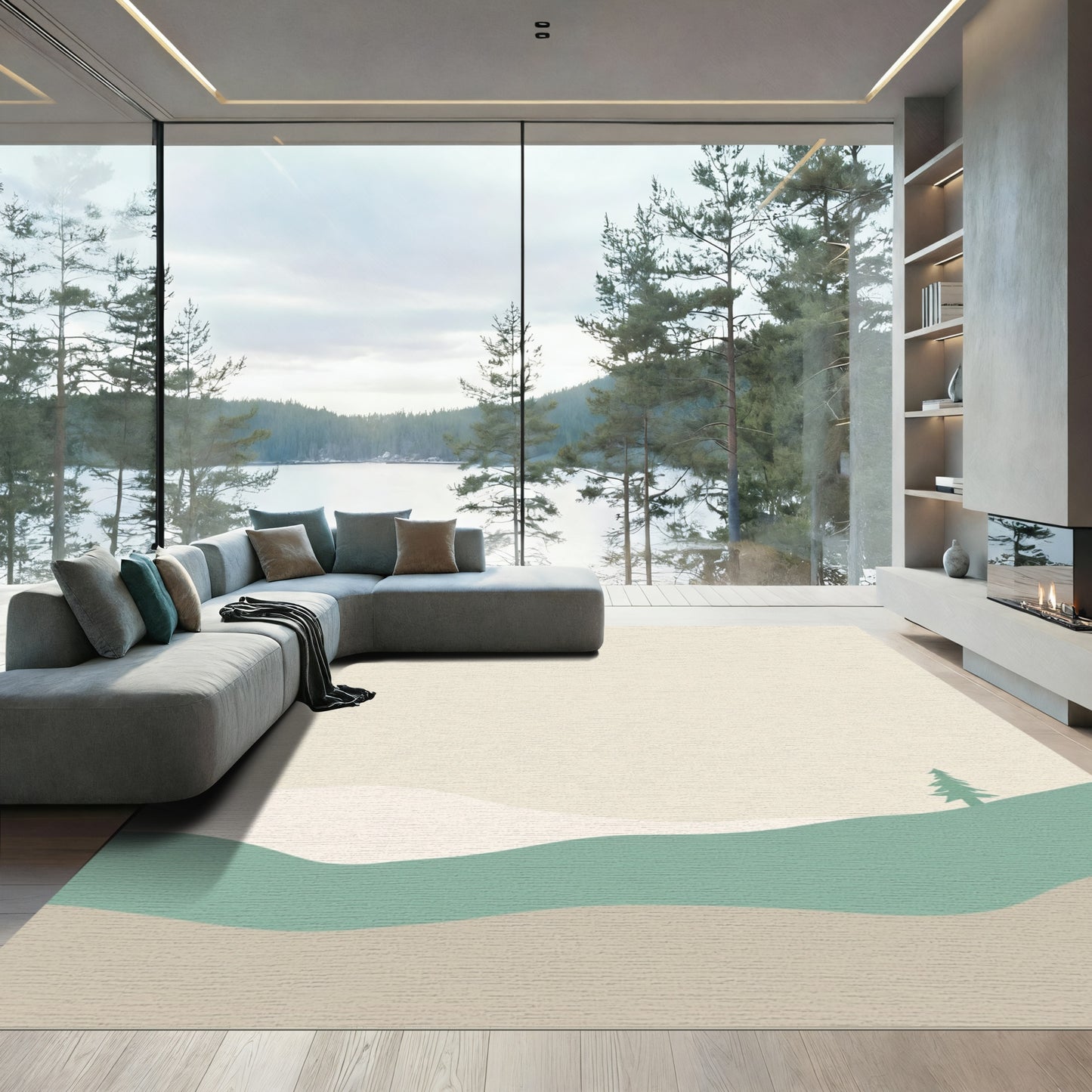 Earthy Green Hillside Landscape Trees Rug