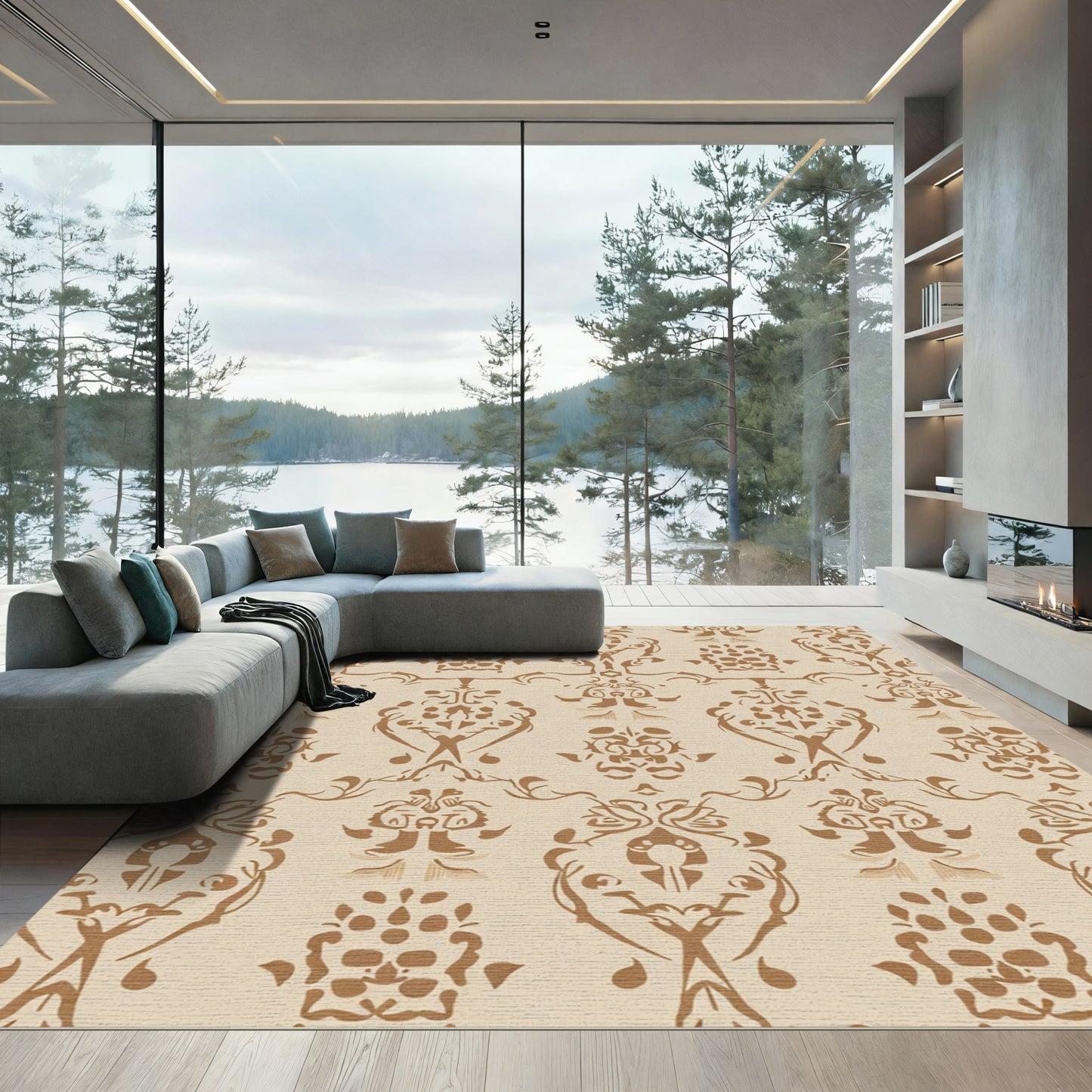 Brown Damask Traditional Ornate Scroll Rug