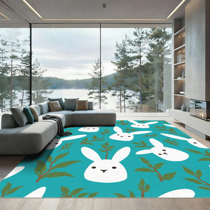 White Bunny Branches Teal Background Rug