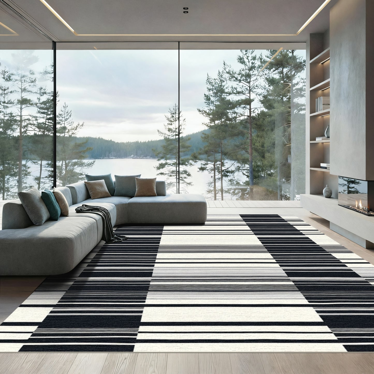 Monochrome Divided Stripe Composition Rug