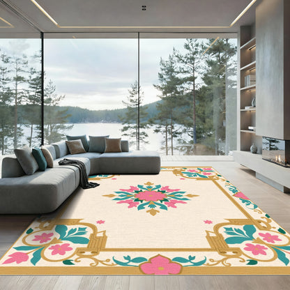 Golden Pink Teal Floral Medallion Border Rug