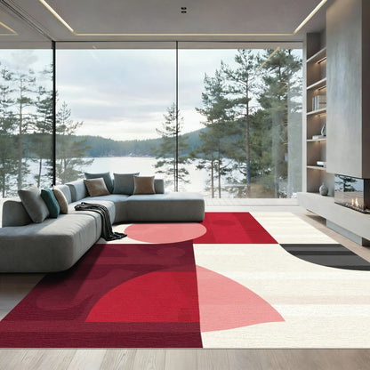 Bold Red Layered Geometric Squares Rug