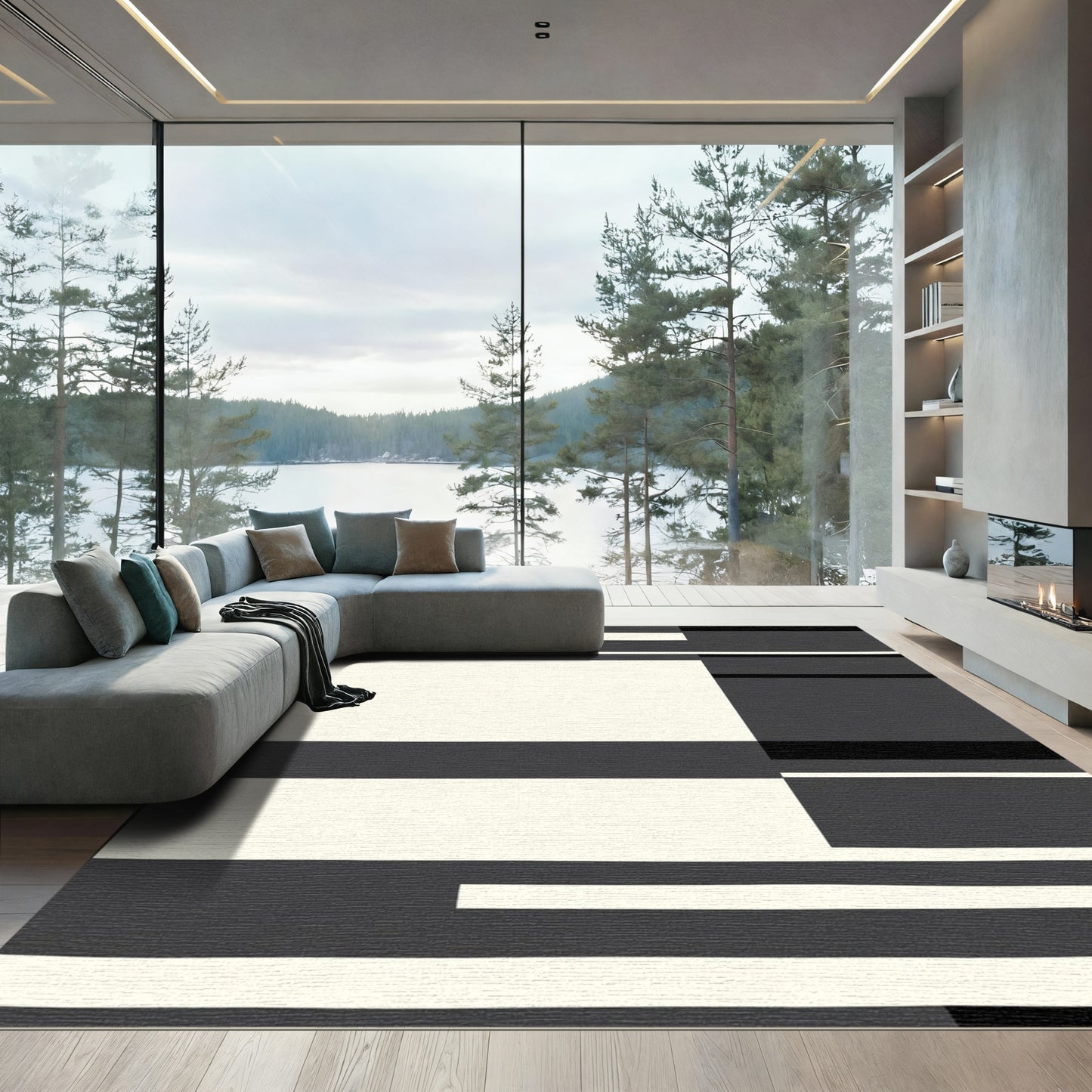 Modern Black White Geometric Block Rug