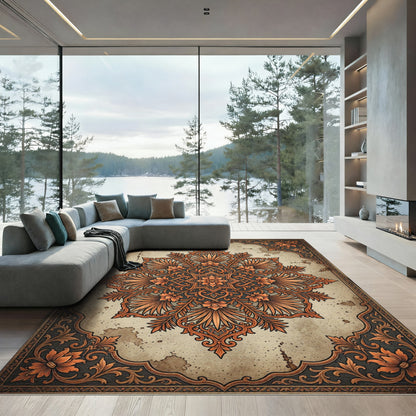 Ornate Copper Floral Damask Medallion Rug