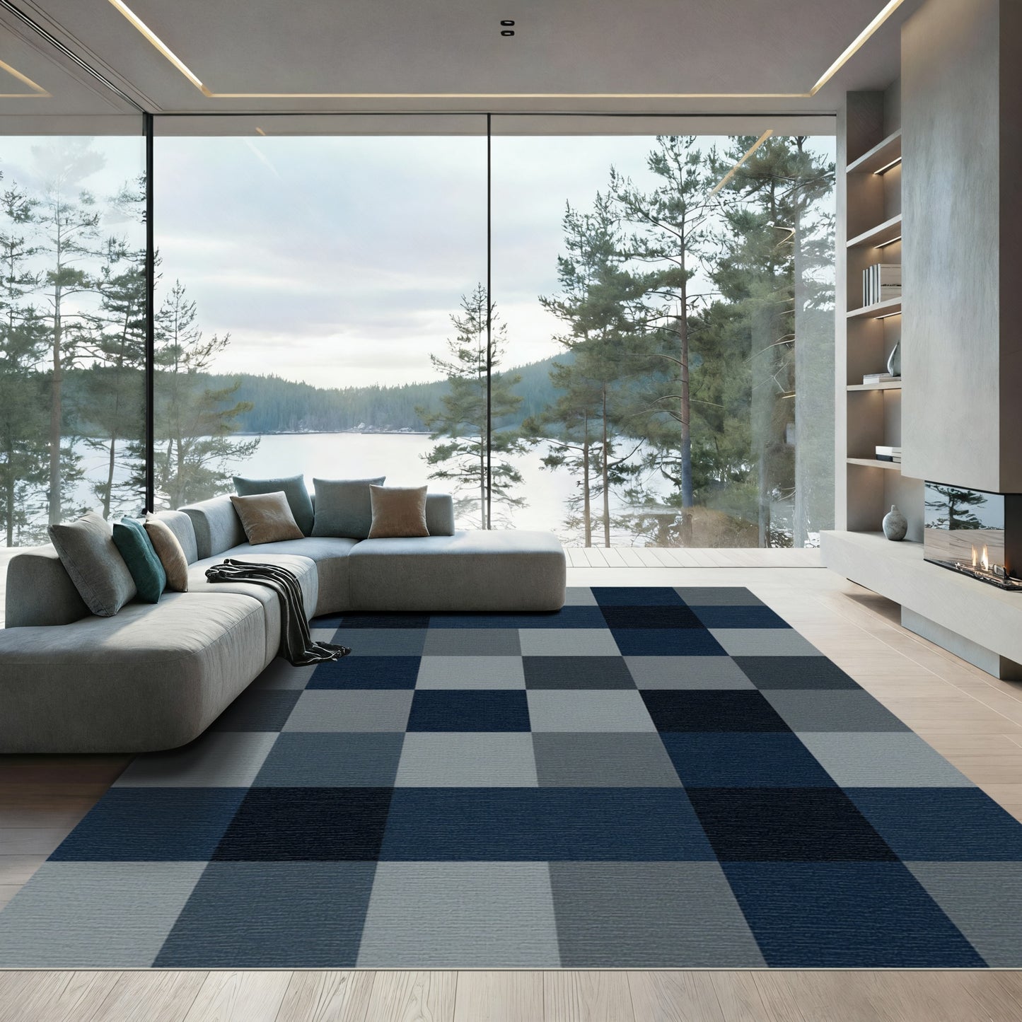 Modern Navy and Charcoal Checkered Grid Rug
