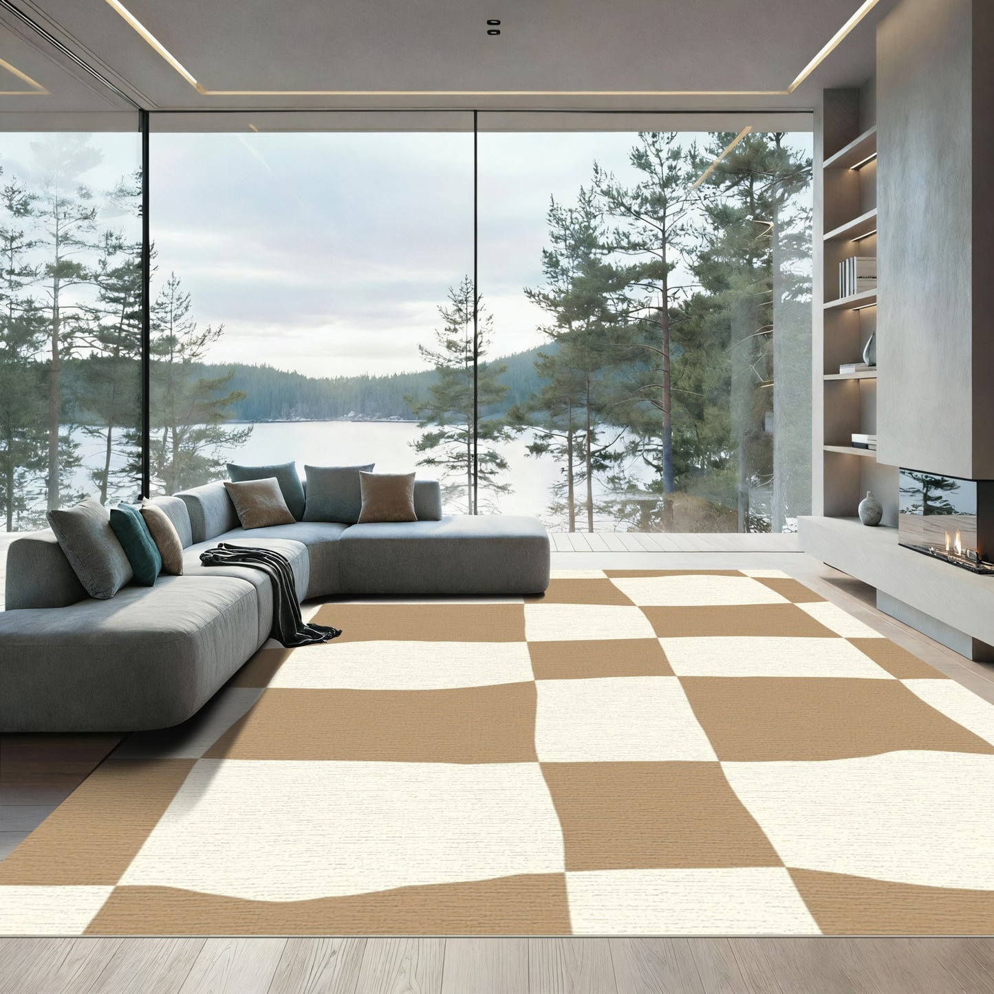 Brown and Cream Checkered Squares Rug