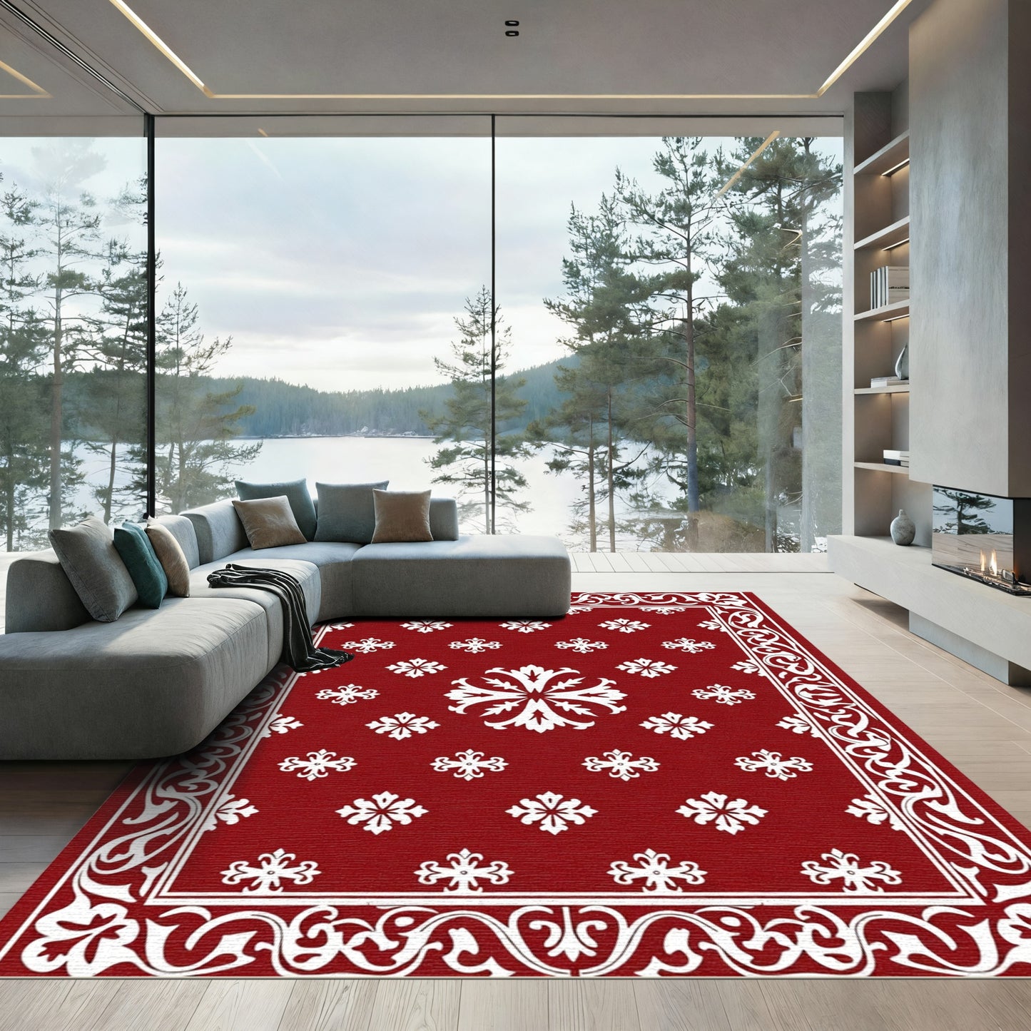 Crimson White Floral Medallion Border Rug
