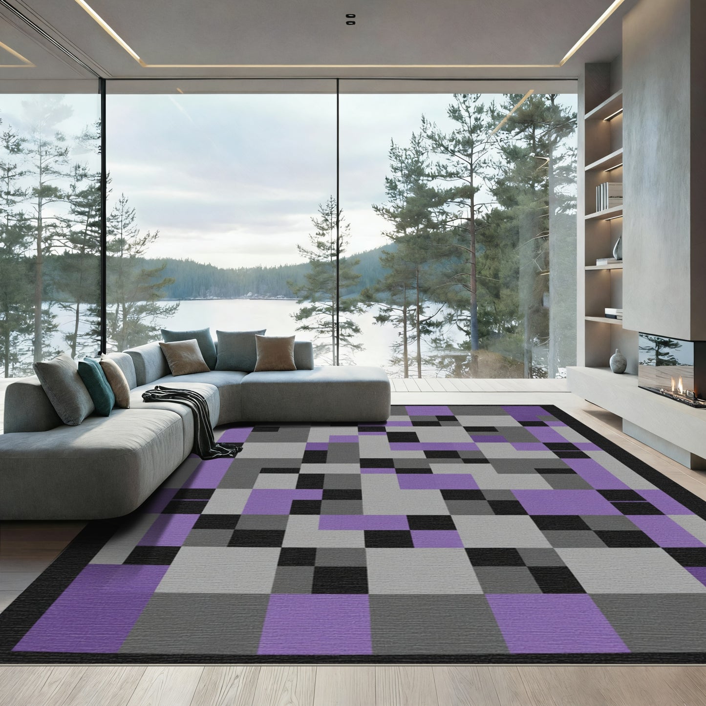 Modern Gray Purple Geometric Blocks Rug