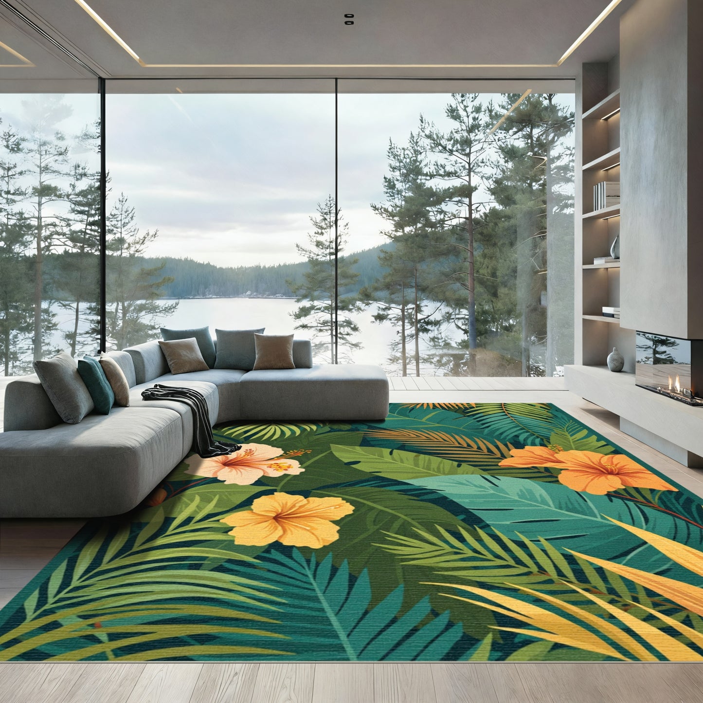 Lush Tropical Hibiscus Leaf Canopy Rug